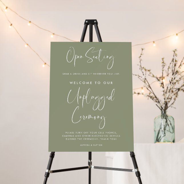 Sage Green Open Seating Unplugged Ceremony Sign (In Situ (Stand))