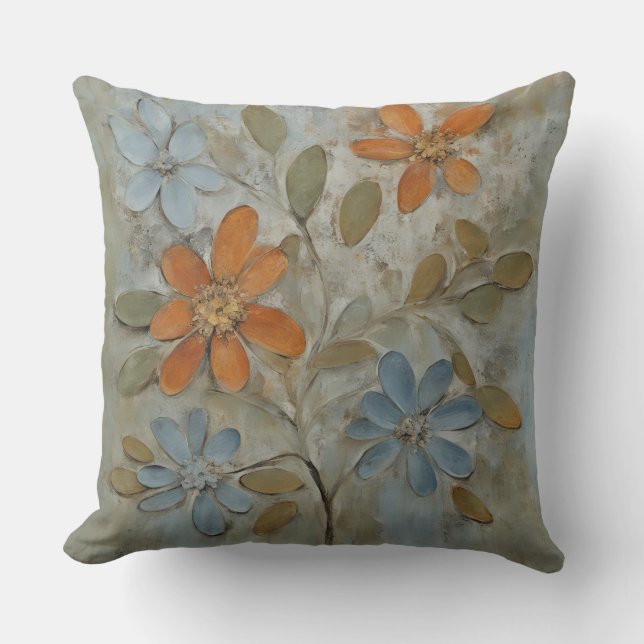 Sage Green Orange Blue Floral Throw Pillow (Front)