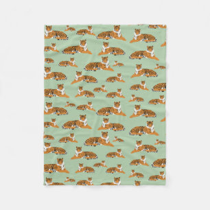 Sage Green Orange Jungle Tiger Animal Pattern  Fleece Blanket