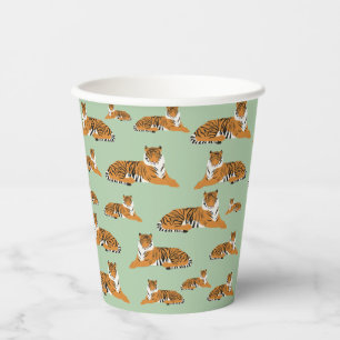 Sage Green Orange Jungle Tiger Animal Pattern Paper Cups