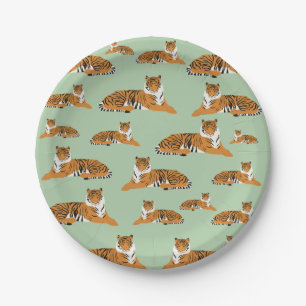 Sage Green Orange Jungle Tiger Animal Pattern Paper Plates