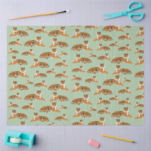 Sage Green Orange Jungle Tiger Animal Pattern Tissue Paper