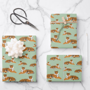 Sage Green Orange Jungle Tiger Animal Pattern Wrapping Paper Sheets