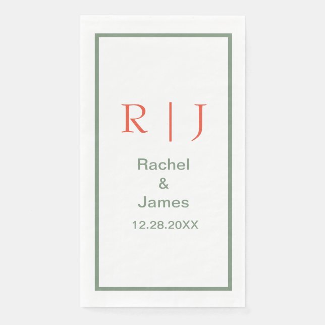 Sage Green Orange Monogram Name Simple Wedding Paper Guest Towels (Front)