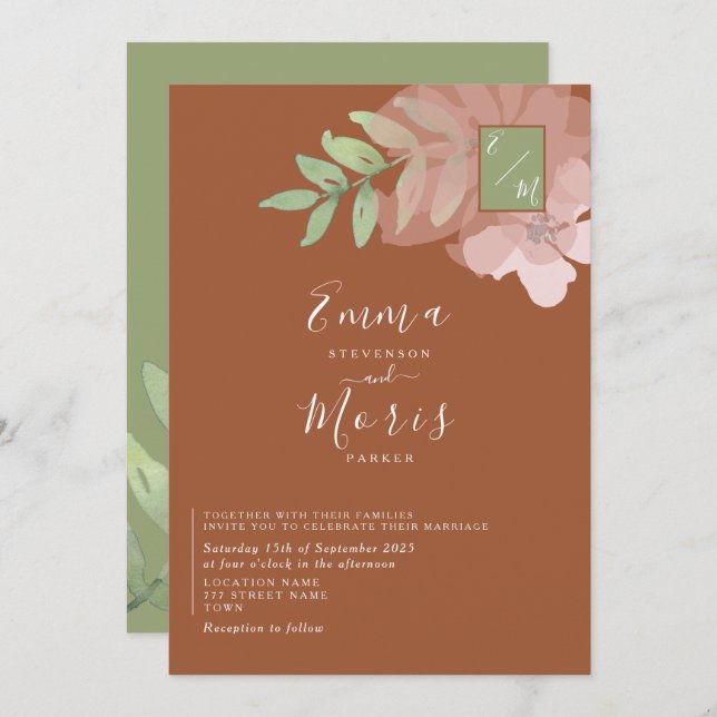 Sage Green Orange Monogram Wedding Invitation (Front/Back)