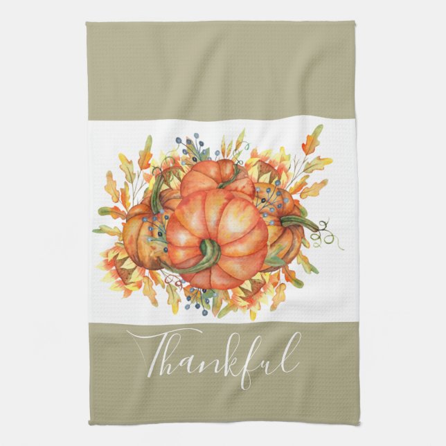 Sage Green & Orange Pumpkin Bounty Thanksgiving   Kitchen Towel (Vertical)