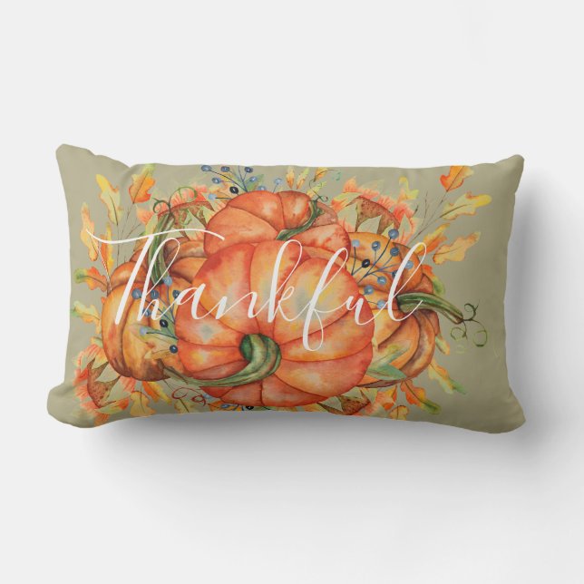 Sage Green & Orange Pumpkin Bounty Thanksgiving Lu Lumbar Pillow (Front)