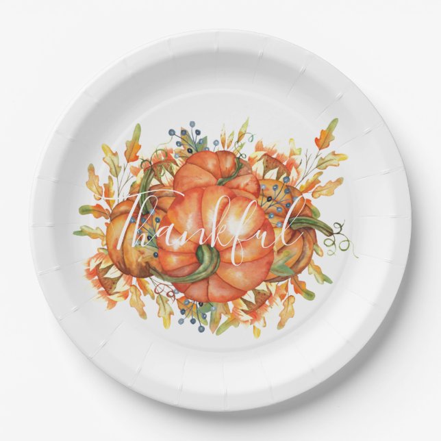 Sage Green & Orange Pumpkin Bounty Thanksgiving  Paper Plates (Front)