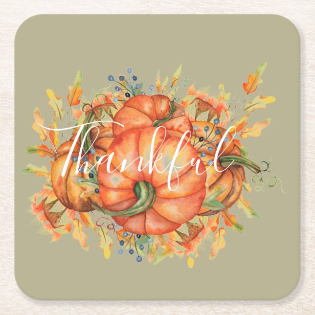 Sage Green & Orange Pumpkin Bounty Thanksgiving   Square Paper Coaster (Front)