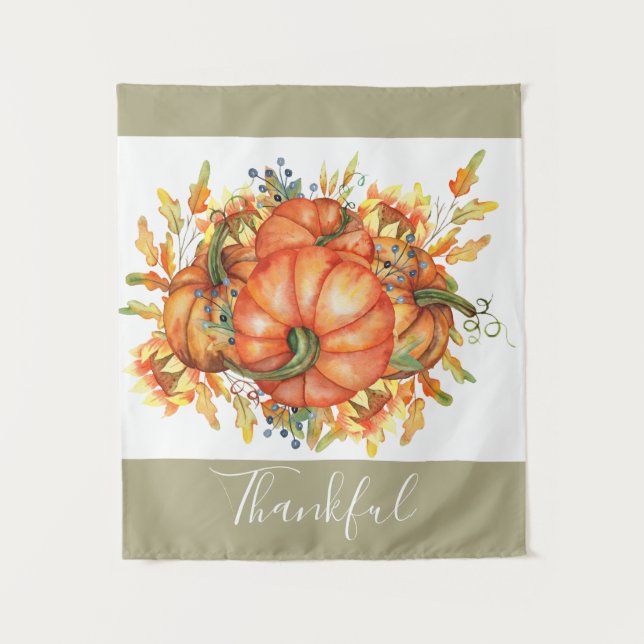 Sage Green & Orange Pumpkin Bounty Thanksgiving   Tapestry (Front)