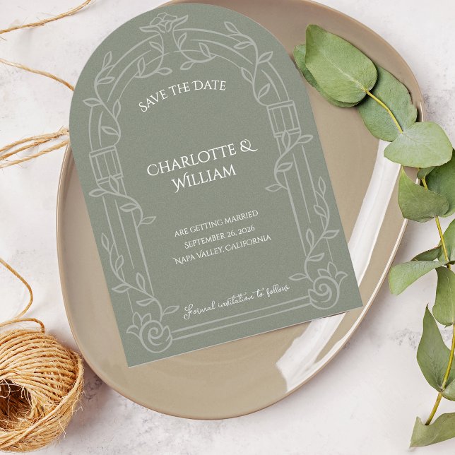 Sage Green Ornate Arch Wedding Save the Date (Sage Green Ornate Arch Botanical Wedding Save the Date | Elegant Garden Wedding Announcement)