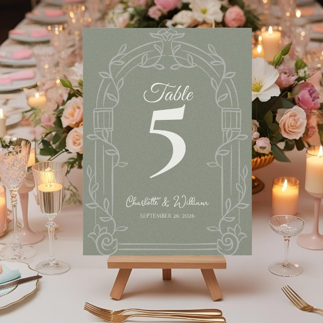 Sage Green Ornate Arch Wedding Table Number (Elegant Sage Green Ornate Arch Botanical Wedding Table Number Card)