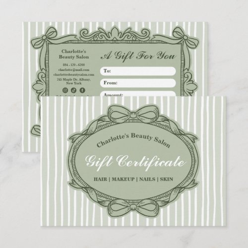 Sage Green Ornate Bow Frame Salon Gift Certificate