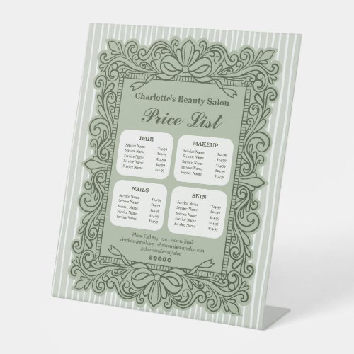 Sage Green Ornate Bow Frame Salon Price List Sign