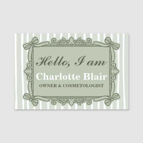 Sage Green Ornate Bow Vintage Style Frame Hello Name Tag