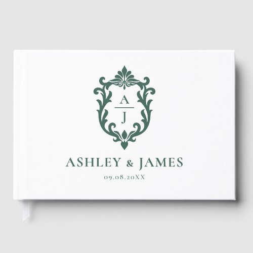 Sage Green Ornate Monogram Crest Wedding Guest Book