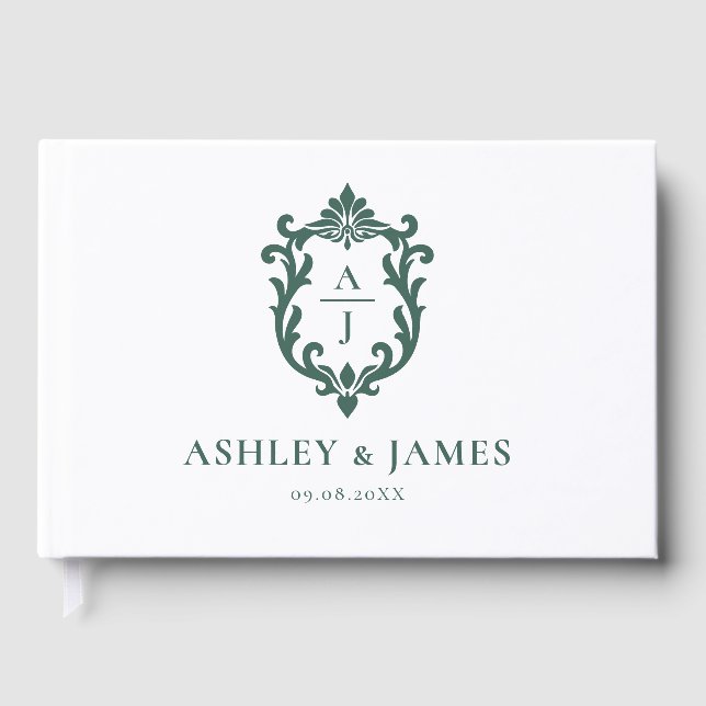 Sage Green Ornate Monogram Crest Wedding Guest Book (Front)