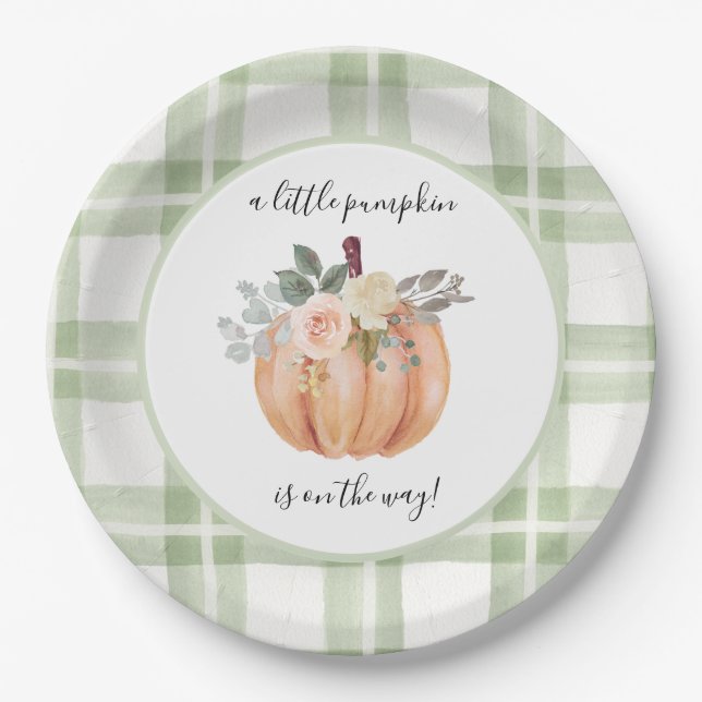 Sage Green Our Little Pumpkin is On The Way Paper Plates (Front)