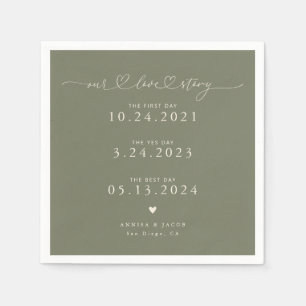 Sage Green Our Love Story Script Hearts Wedding Napkins