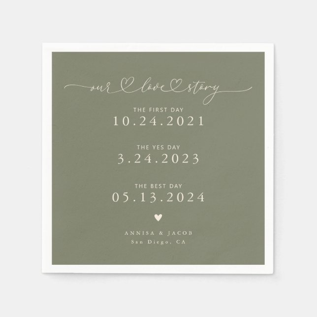 Sage Green Our Love Story Script Hearts Wedding Napkins (Front)