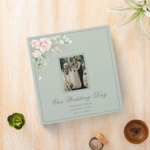 Sage Green Our Wedding Floral Script Keepsake 3 Ring Binder