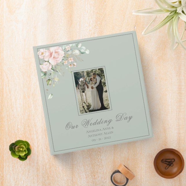 Sage Green Our Wedding Floral Script Keepsake 3 Ring Binder (In Situ)