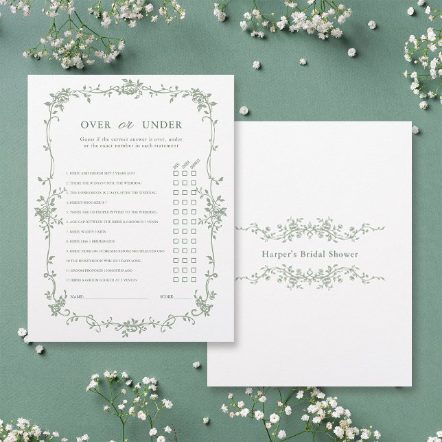 Sage Green 'Over or Under' Bridal Shower Game (Front & Back)