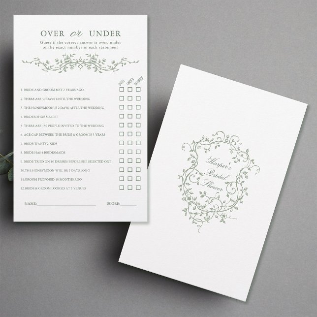 Sage Green 'Over or Under' Bridal Shower Game (Front & Back)