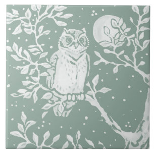 Sage Green Owl in Tree Night Moon Scene Ceramic Tile