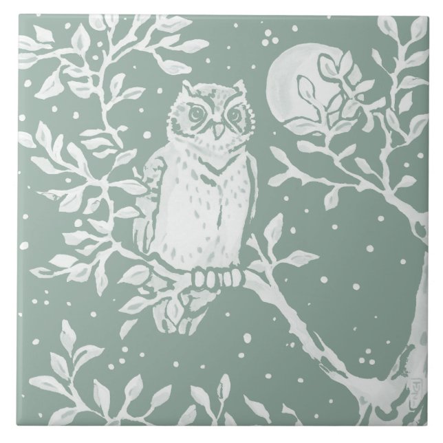Sage Green Owl in Tree Night Moon Scene Ceramic Tile (Front)
