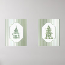 Sage Green Pagoda with Stripes Grandmillennial Art