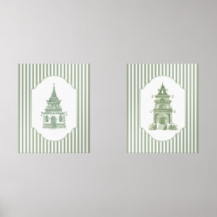 Sage Green Pagoda with Stripes Grandmillennial Art Wall Art Sets