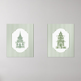 Sage Green Pagoda with Stripes Grandmillennial Art Wall Art Sets
