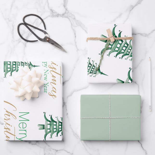 Sage Green Pagoda Wrapping Paper Sheets (Front)