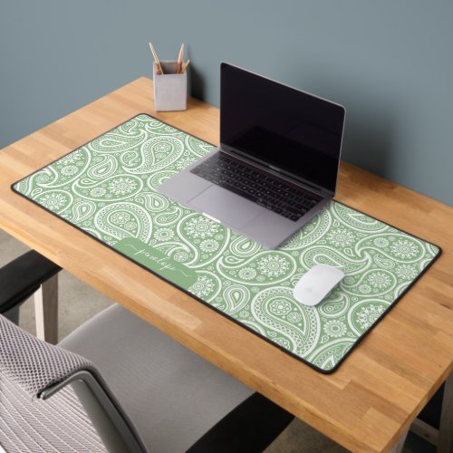 Sage Green paisley pattern custom monogram Desk Mat