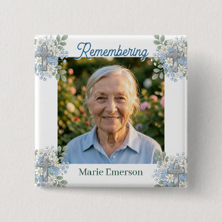 Sage Green Pale Blue Floral Cross | Photo Memorial Button