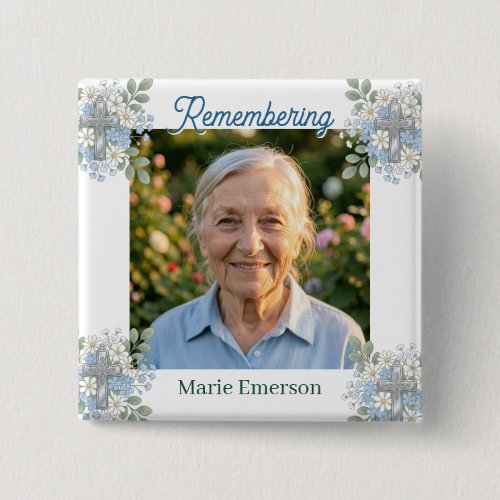 Sage Green Pale Blue Floral Cross | Photo Memorial Button