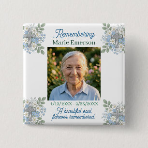Sage Green Pale Blue Floral Cross Photo Memorial Button