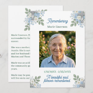 Sage Green Pale Blue Floral Cross Photo Memorial Note Card