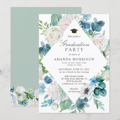 Sage Green Pale Blue White Floral Graduation Party Invitation