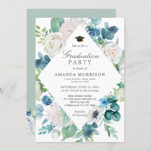 Sage Green Pale Blue White Floral Graduation Party Invitation
