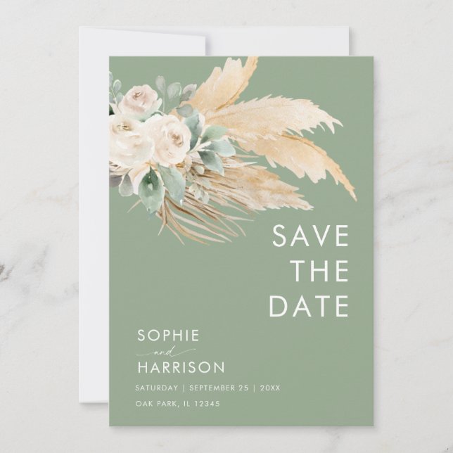 Sage Green Pampas Grass Boho Save The Date Invitation (Front)