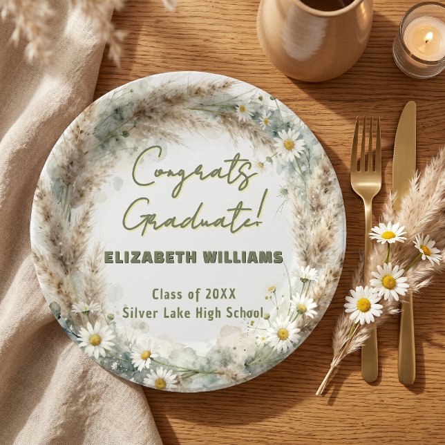 Sage Green Pampas Grass Daisy Boho Graduation Paper Plates (Creator Uploaded)