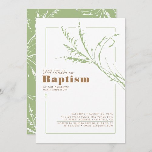 Sage Green Pampas Grass Modern Minimalist Baptism Invitation