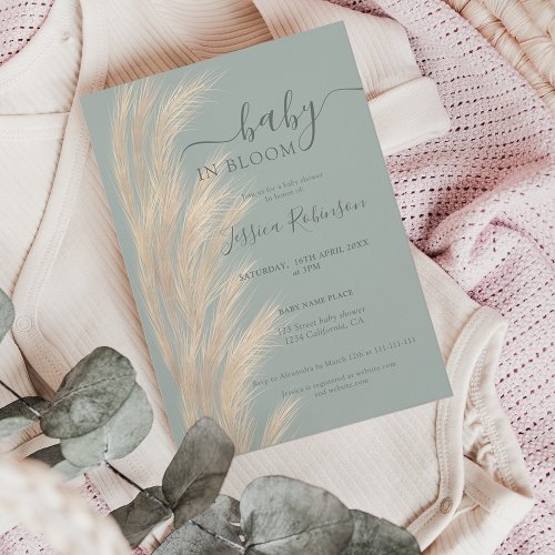 Sage green pampas grass watercolor baby shower invitation