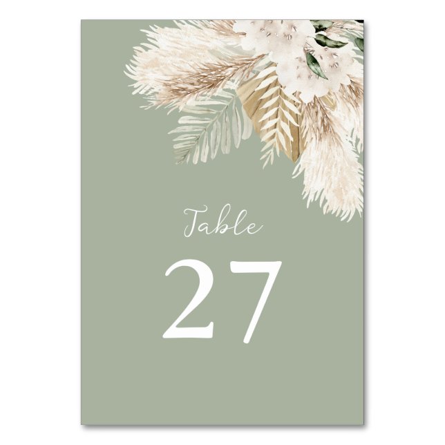 sage green pampas grass watercolor wedding table number (Front)