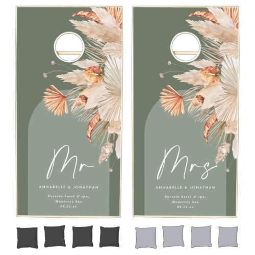 sage green pampas modern botanical wedding mr mrs cornhole set