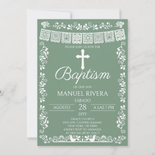Sage Green Papel Picado Baptism Invitation