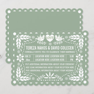 Sage green papel picado love birds fiesta wedding invitation