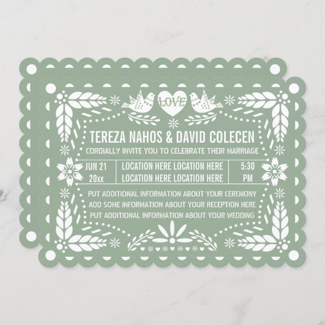 Sage green papel picado love birds fiesta wedding invitation (Front/Back)